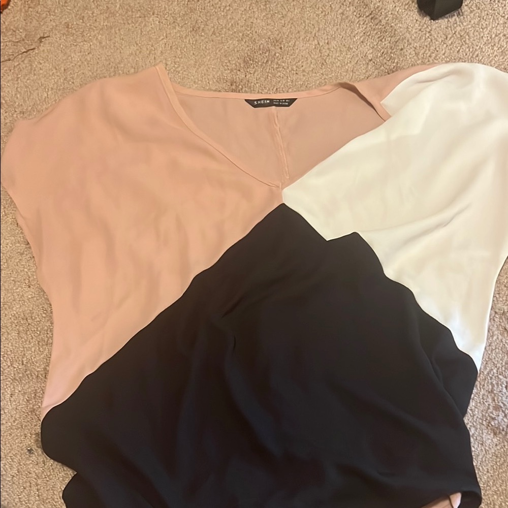 SHEIN Pink and White Color Block Cap Sleeve Blouse